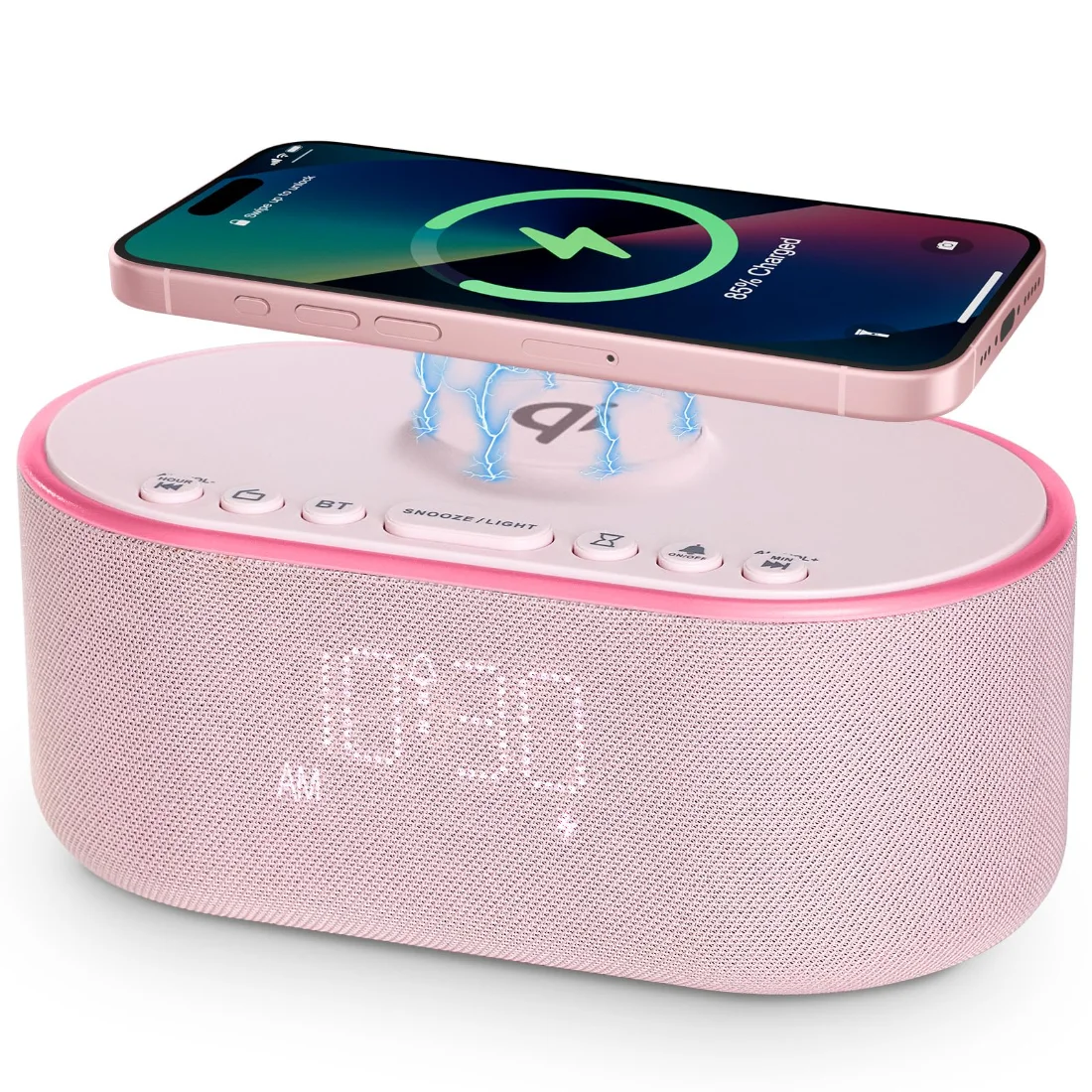 Odokee UE268 Charging Clock Radio, Pink on a nightstand