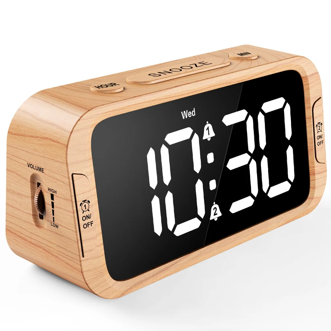 Odokee UE218 Dual-Alarm Clock, Wood Grain on a nightstand